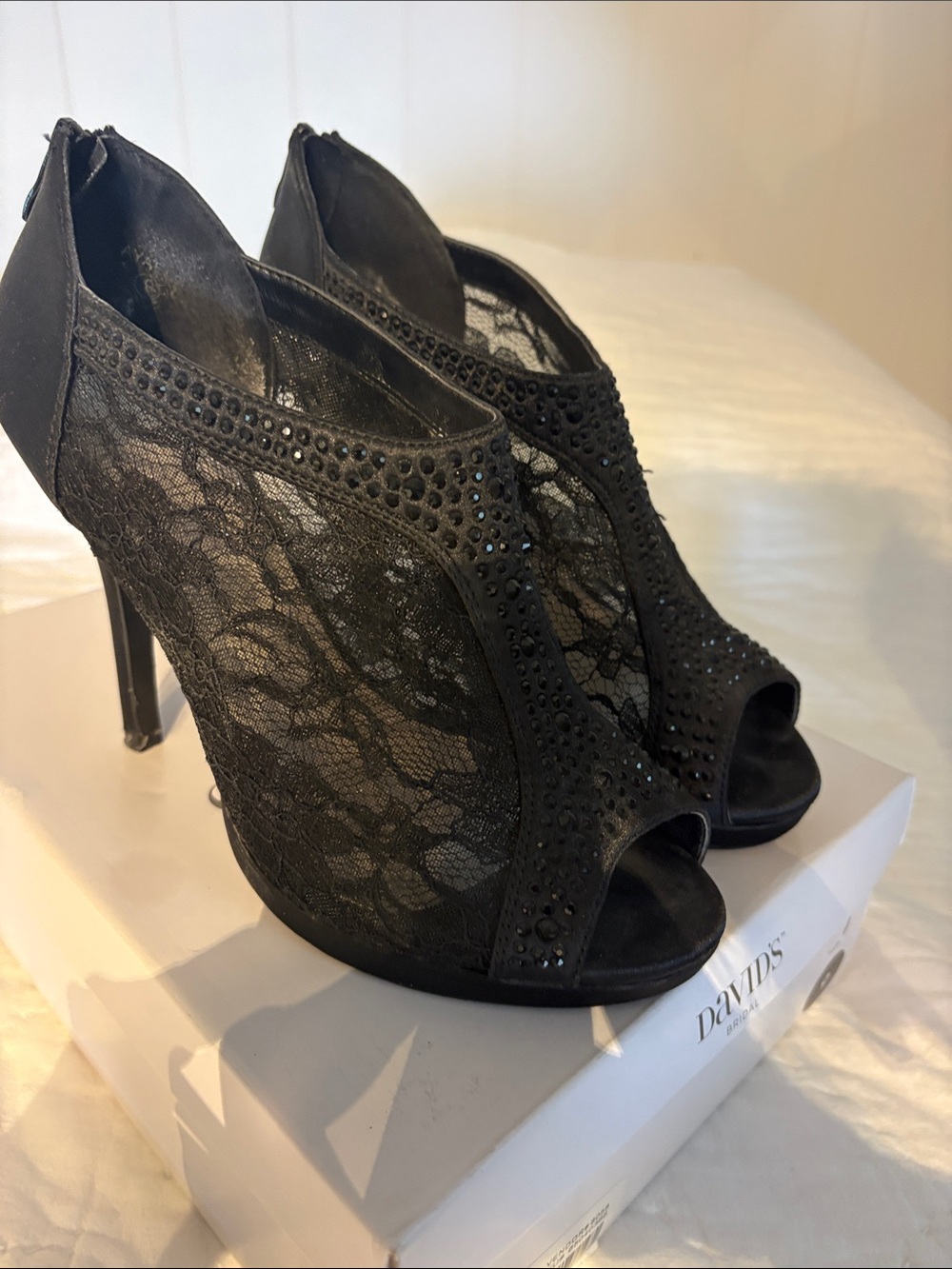 David's Bridal Black Lace Peep-Toe High Heel Booties with Rhinestones